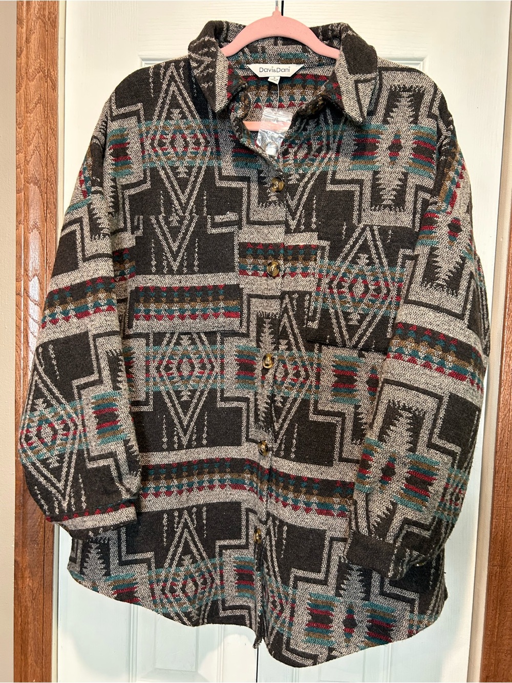 Davi & Dani Multicolor Aztec Print Button-Up Shirt - Teal, Red, Brown, Gray